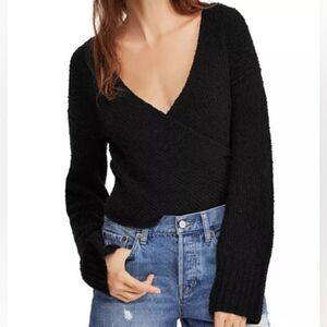 Free People Ribbed Faux-Wrap Sweater Black Size Medium